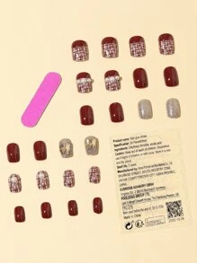 24入組短款方形紅珍珠鑽布紋假指甲，附1片膠帶和1支指甲鉋，貼式假指甲美甲工具套裝，提升您的外觀造型 - 彩色 - 查看 2