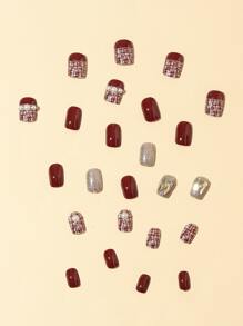 24入組短款方形紅珍珠鑽布紋假指甲，附1片膠帶和1支指甲鉋，貼式假指甲美甲工具套裝，提升您的外觀造型 - 彩色 - 查看 4