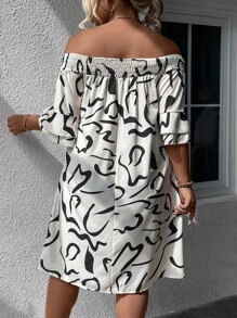 SHEIN Clasi Plus Allover Print Off Shoulder Dress - Black and White - View 4
