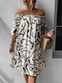 SHEIN Clasi Plus Allover Print Off Shoulder Dress - Black and White - View 2