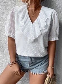 SHEIN Franclia Plus Swiss Dot Ruffle Trim Puff Sleeve Blouse - White - View 1