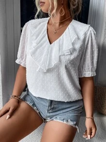 SHEIN Franclia Plus Swiss Dot Ruffle Trim Puff Sleeve Blouse - White - View 4