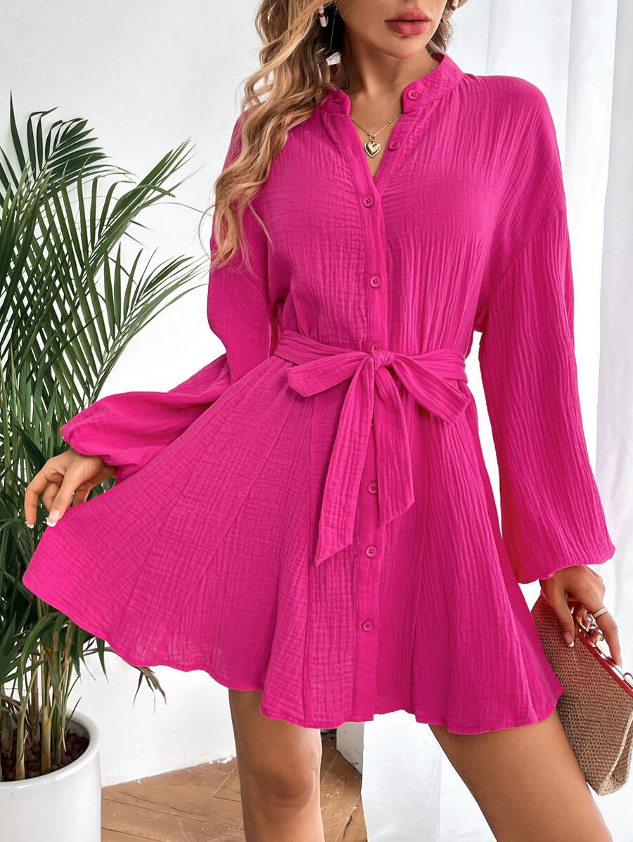 SHEIN VCAY Lantern Sleeve Belted Dress