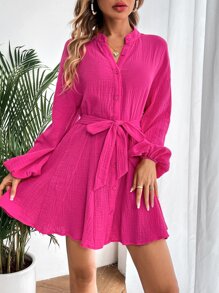 SHEIN VCAY Lantern Sleeve Belted Dress