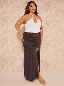 SHEIN SXY 大碼十字交叉後背繫帶流蘇下擺掛脖上衣 - 白色 - 查看 5