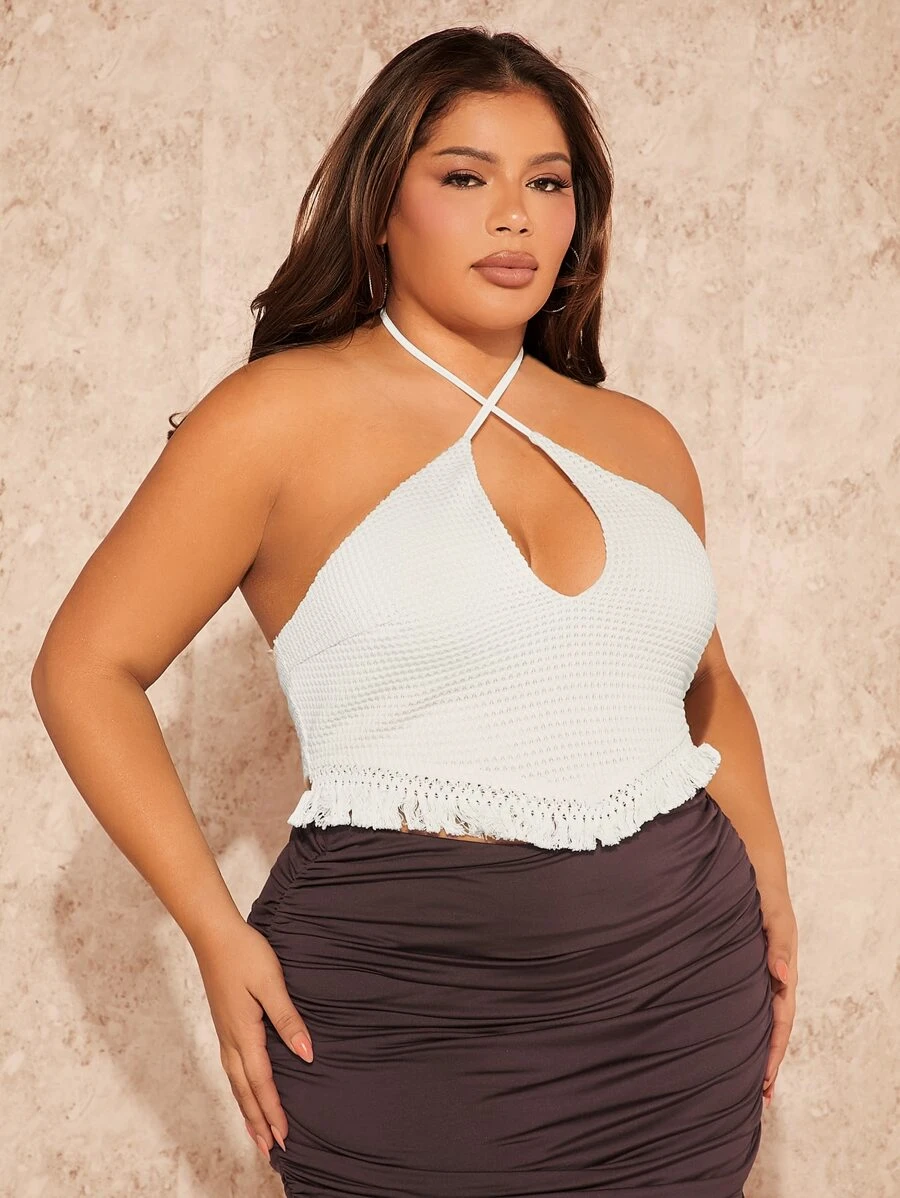 SHEIN SXY 大碼十字交叉後背繫帶流蘇下擺掛脖上衣 - 白色 - 查看 1