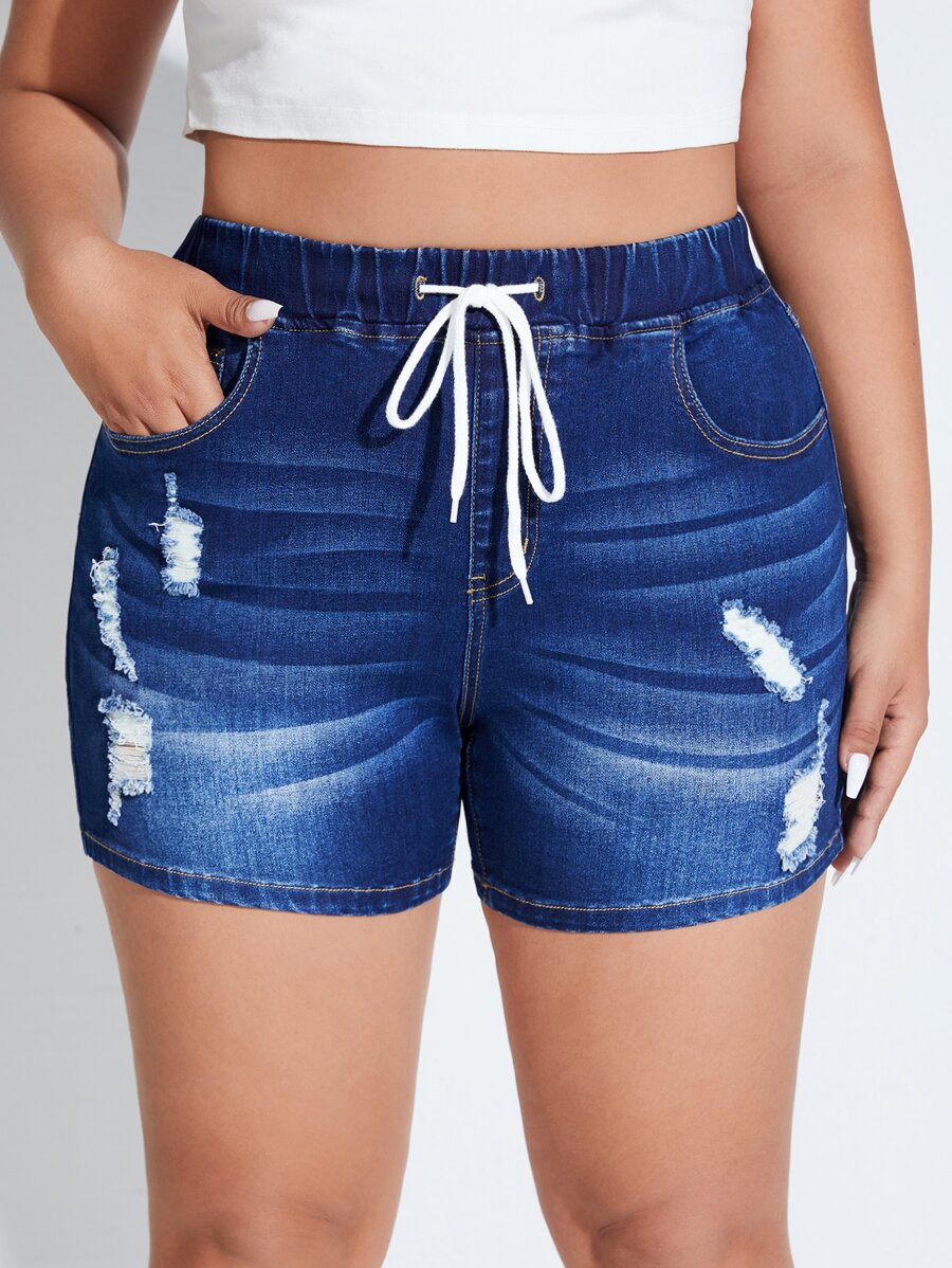 SHEIN Essnce 大碼腰部抽繩破洞抽鬚牛仔短褲 - 深色水洗藍 - 查看 1