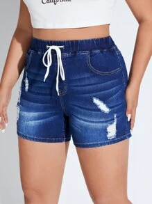 SHEIN Essnce 大碼腰部抽繩破洞抽鬚牛仔短褲 - 深色水洗藍 - 查看 3