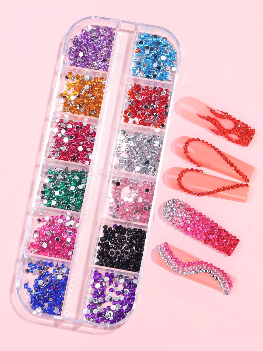 12 rejillas de decoración de uñas con diamantes de imitación de fondo plano y coloridos, accesorios para manualidades de uñas, gemas y suministros para uñas - Multicolor - Ver 1