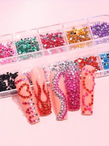 12 rejillas de decoración de uñas con diamantes de imitación de fondo plano y coloridos, accesorios para manualidades de uñas, gemas y suministros para uñas - Multicolor - Ver 4