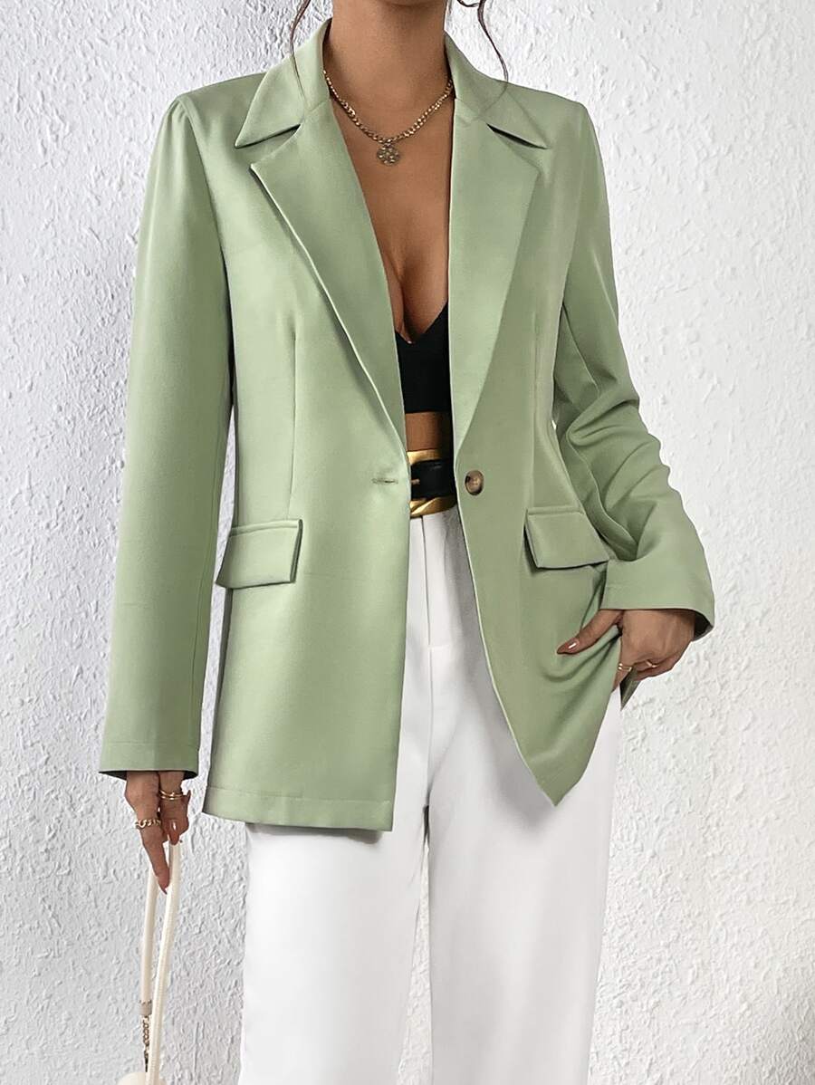SHEIN BIZwear Lapel Neck Single Button Blazer - Green - View 1