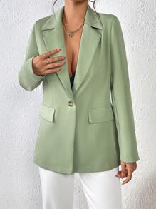 SHEIN BIZwear Lapel Neck Single Button Blazer - Green - View 6