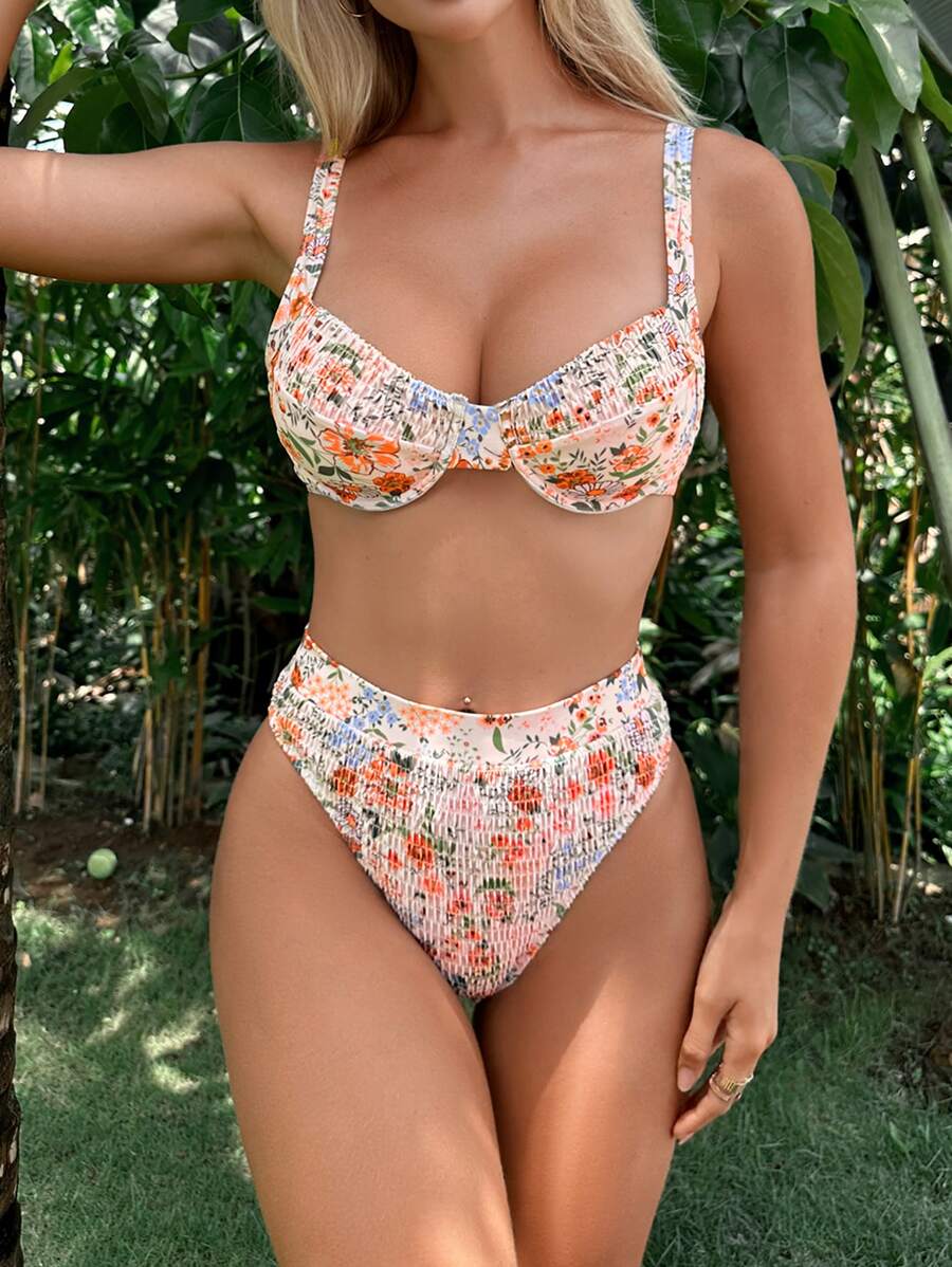 Swim Mod Floral Print Underwire Bikini Set,Summer Beach - Multicolor - View 1