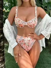 Swim Mod Floral Print Underwire Bikini Set,Summer Beach - Multicolor - View 8