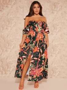SHEIN SXY Plus Floral Print Off Shoulder Ruffle Trim Split Thigh Dress - Multicolor - View 1