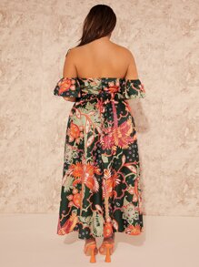 SHEIN SXY Plus Floral Print Off Shoulder Ruffle Trim Split Thigh Dress - Multicolor - View 2