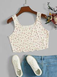 SHEIN Qutie Plus Ditsy Floral Print Crop Tank Top - Apricot - View 1