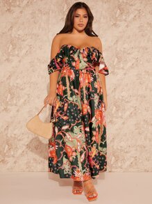 SHEIN SXY Plus Floral Print Off Shoulder Ruffle Trim Split Thigh Dress - Multicolor - View 3