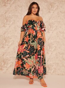 SHEIN SXY Plus Floral Print Off Shoulder Ruffle Trim Split Thigh Dress - Multicolor - View 4