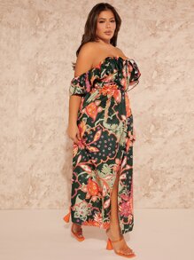 SHEIN SXY Plus Floral Print Off Shoulder Ruffle Trim Split Thigh Dress - Multicolor - View 5