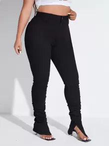 SHEIN Essnce Quần Denim kích thước lớn Túi Xù Chia màu trơn - màu đen - Xem 1