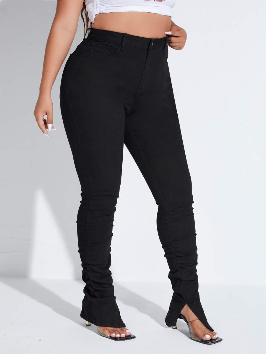 SHEIN Essnce Quần Denim kích thước lớn Túi Xù Chia màu trơn - màu đen - Xem 1