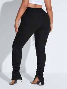 SHEIN Essnce Quần Denim kích thước lớn Túi Xù Chia màu trơn - màu đen - Xem 2