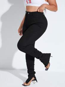 SHEIN Essnce Quần Denim kích thước lớn Túi Xù Chia màu trơn - màu đen - Xem 3