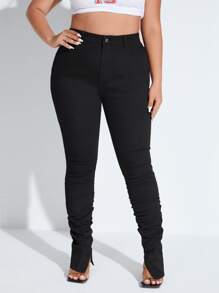 SHEIN Essnce Quần Denim kích thước lớn Túi Xù Chia màu trơn - màu đen - Xem 4