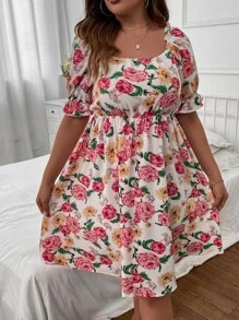 SHEIN Holidaya Plus Floral Print Puff Sleeve Dress - Multicolor - View 4