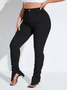 SHEIN Essnce Quần Denim kích thước lớn Túi Xù Chia màu trơn - màu đen - Xem 5