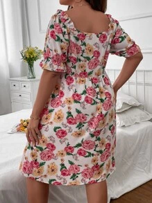 SHEIN Holidaya Plus Floral Print Puff Sleeve Dress - Multicolor - View 5