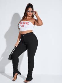 SHEIN Essnce Quần Denim kích thước lớn Túi Xù Chia màu trơn - màu đen - Xem 6