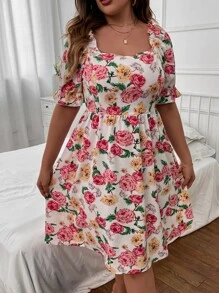 SHEIN Holidaya Plus Floral Print Puff Sleeve Dress - Multicolor - View 7