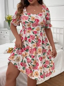 SHEIN Holidaya Plus Floral Print Puff Sleeve Dress - Multicolor - View 2