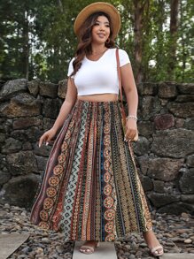 Breezaya Plus Geo Print Elastic Waist Skirt - Multicolor - View 1