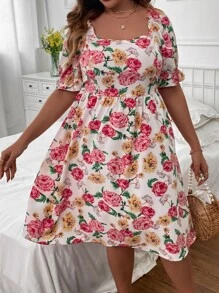 SHEIN Holidaya Plus Floral Print Puff Sleeve Dress - Multicolor - View 3