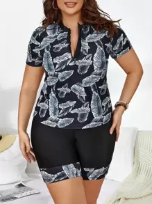Swim Lushoire Summer Beach Plus Size Tropical Print Zip Front Rashguard With Short Sleeve - Black - View 1