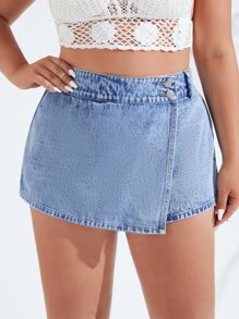 SHEIN Essnce 大碼紐扣裝飾牛仔裙褲 - 淺色水洗藍 - 查看 2