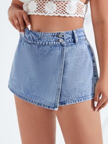 SHEIN Essnce 大碼紐扣裝飾牛仔裙褲 - 淺色水洗藍 - 查看 4