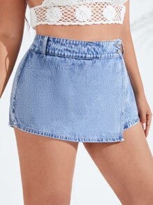 SHEIN Essnce 大碼紐扣裝飾牛仔裙褲 - 淺色水洗藍 - 查看 5