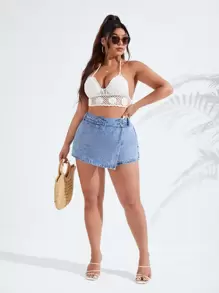 SHEIN Essnce 大碼紐扣裝飾牛仔裙褲 - 淺色水洗藍 - 查看 1