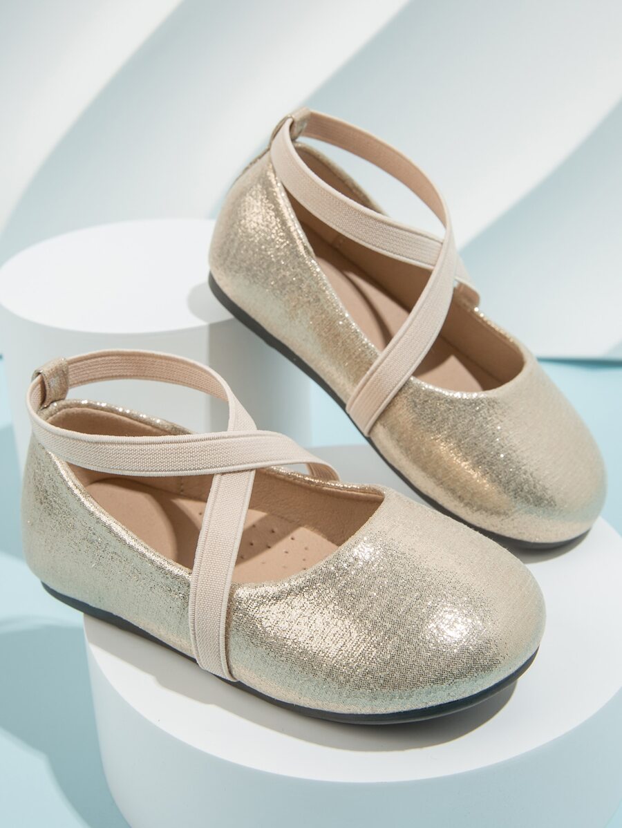 女孩交叉帶金屬質感平底鞋金屬亮絲鞋 - 香檳色 - 查看 1