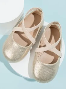 女孩交叉帶金屬質感平底鞋金屬亮絲鞋 - 香檳色 - 查看 2