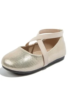 女孩交叉帶金屬質感平底鞋金屬亮絲鞋 - 香檳色 - 查看 3