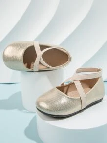 女孩交叉帶金屬質感平底鞋金屬亮絲鞋 - 香檳色 - 查看 4