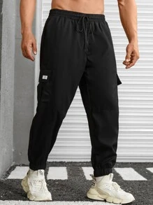 Manfinity Men Flap Pocket Side Drawstring Waist Cargo Trousers - Black - View 5