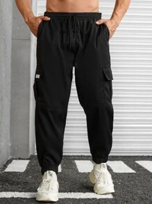 Manfinity Men Flap Pocket Side Drawstring Waist Cargo Trousers - Black - View 6