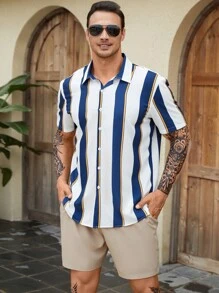 Manfinity Homme Men Plus Striped Print Shirt - Blue and White - View 1