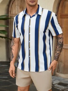 Manfinity Homme Men Plus Striped Print Shirt - Blue and White - View 3